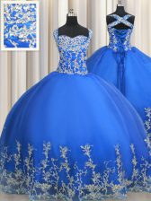 Fabulous Straps Sleeveless Tulle Floor Length Lace Up Quinceanera Dress in Blue with Beading and Appliques