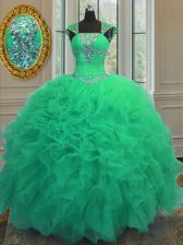 Captivating Turquoise Organza Lace Up Straps Cap Sleeves Floor Length Vestidos de Quinceanera Beading and Ruffles and Sequins