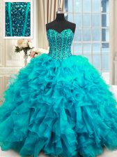 Extravagant Baby Blue Sleeveless Beading and Ruffles and Sequins Floor Length Quinceanera Gowns