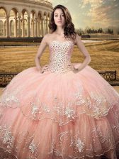 Spectacular Sleeveless Tulle Floor Length Lace Up Sweet 16 Quinceanera Dress in Peach with Beading and Embroidery