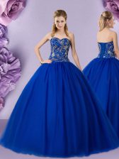 Sleeveless Floor Length Beading Lace Up 15 Quinceanera Dress with Royal Blue