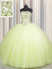 Low Price Sequins Big Puffy Floor Length Light Yellow 15 Quinceanera Dress Strapless Sleeveless Lace Up