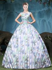 Unique Straps Sleeveless Floor Length Appliques and Pattern Lace Up Quinceanera Gown with Multi-color
