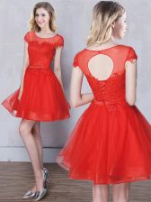  Scoop Tulle Short Sleeves Mini Length Dama Dress for Quinceanera and Appliques and Belt