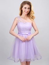 Custom Made One Shoulder Sleeveless Lace Up Dama Dress for Quinceanera Lavender Tulle