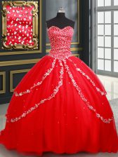Wonderful Sweetheart Sleeveless Vestidos de Quinceanera Beading and Appliques Red Tulle