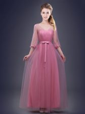 Sexy Pink Half Sleeves Ruching and Bowknot Floor Length Dama Dress for Quinceanera