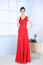Fashionable Red Prom Party Dress Prom and Party with Beading V-neck Sleeveless Side Zipper