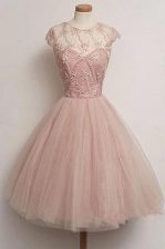 Glorious Knee Length Pink Prom Evening Gown Scoop Cap Sleeves Zipper