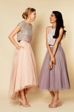  Pink Organza Zipper Scoop Sleeveless Ankle Length Prom Dress Sequins