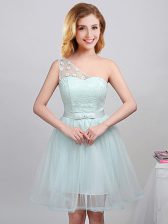 Charming Apple Green A-line Tulle One Shoulder Sleeveless Lace and Appliques and Belt Mini Length Lace Up Damas Dress