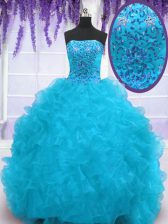  Aqua Blue Sleeveless Organza Brush Train Lace Up Sweet 16 Dress for Military Ball and Sweet 16 and Quinceanera