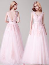  Baby Pink Backless V-neck Appliques and Belt Dress for Prom Tulle Sleeveless