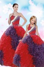 Inexpensive Coral Red Lace Up Strapless Beading Vestidos de Quinceanera Fabric With Rolling Flowers Sleeveless