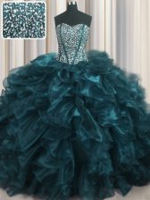  Visible Boning Bling-bling Sweetheart Sleeveless Organza Quince Ball Gowns Beading and Ruffles Brush Train Lace Up