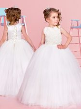 Extravagant Scoop Sleeveless Tulle Flower Girl Dress Hand Made Flower Lace Up