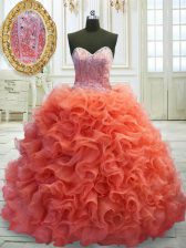  Sleeveless Beading and Ruffles Lace Up 15 Quinceanera Dress with Coral Red Sweep Train