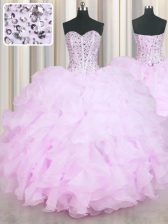 Custom Fit Mermaid Sleeveless Organza Floor Length Lace Up 15 Quinceanera Dress in Lilac with Beading and Ruffles