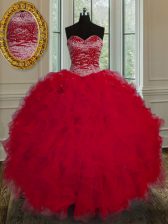 New Arrival Red Tulle Lace Up Sweetheart Sleeveless Floor Length 15th Birthday Dress Beading and Ruffles