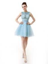 Trendy A-line Prom Dress Light Blue Scoop Chiffon Sleeveless Knee Length Zipper
