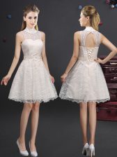Super Champagne Quinceanera Dama Dress Prom and Party and Wedding Party with Lace and Appliques High-neck Sleeveless Lace Up