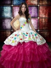  Fuchsia Ball Gowns Embroidery and Ruffled Layers Quinceanera Gown Lace Up Organza Sleeveless Floor Length