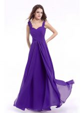 Customized Straps Purple Sleeveless Floor Length Hand Made Flower Zipper Evening Dress