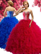 Shining Floor Length Red Quinceanera Gown Tulle Sleeveless Beading and Ruffles