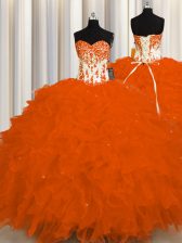 Charming Organza Sweetheart Sleeveless Lace Up Appliques and Ruffles Quinceanera Gowns in Orange Red