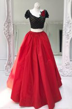 Great Red Dress for Prom Prom with Beading and Ruffles V-neck Short Sleeves Zipper