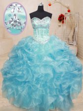  Aqua Blue Quince Ball Gowns Military Ball and Sweet 16 and Quinceanera with Beading and Ruffles Sweetheart Sleeveless Lace Up