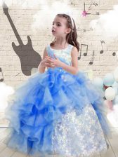 Classical Scoop Baby Blue Lace Up Girls Pageant Dresses Beading and Ruffles Sleeveless Floor Length