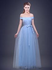 Artistic Floor Length Light Blue Quinceanera Dama Dress Off The Shoulder Sleeveless Lace Up