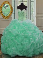Traditional Apple Green Organza Lace Up Quinceanera Gowns Sleeveless Sweep Train Beading and Pick Ups