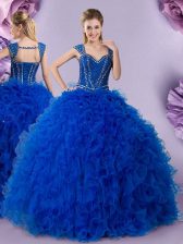 Straps Beading and Ruffles Quinceanera Dress Royal Blue Lace Up Cap Sleeves Floor Length