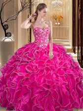 Designer Sleeveless Organza Floor Length Lace Up Vestidos de Quinceanera in Fuchsia with Embroidery and Ruffles