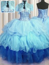 Ideal Visible Boning Bling-bling Multi-color Sleeveless Organza Lace Up 15 Quinceanera Dress for Military Ball and Sweet 16 and Quinceanera