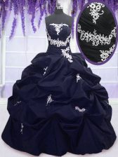 Delicate Navy Blue Ball Gowns Appliques and Pick Ups Quinceanera Gowns Lace Up Taffeta Sleeveless Floor Length