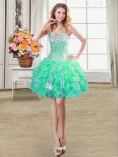 New Style Turquoise Organza Lace Up Prom Dress Sleeveless Mini Length Beading and Ruffles and Sequins