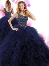 Custom Fit Scoop Navy Blue Ball Gowns Beading and Ruffles Quince Ball Gowns Zipper Tulle Sleeveless Floor Length