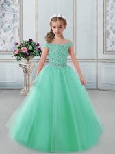  Floor Length Turquoise Little Girls Pageant Dress Off The Shoulder Cap Sleeves Lace Up