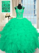  Turquoise Organza Lace Up Straps Cap Sleeves Floor Length Quinceanera Gowns Beading and Ruffles and Pattern