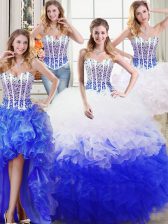 Adorable Four Piece White and Blue Quinceanera Dress Military Ball and Sweet 16 and Quinceanera with Beading and Ruffles Sweetheart Sleeveless Lace Up