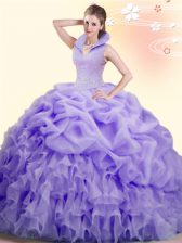 Colorful Lavender High-neck Backless Beading and Ruffles and Pick Ups Quinceanera Dress Brush Train Sleeveless