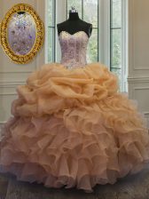 High Class Beading and Pick Ups Quinceanera Gown Gold Lace Up Sleeveless Floor Length