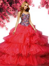 Nice Red Ball Gowns Sweetheart Sleeveless Organza With Brush Train Lace Up Beading and Ruffled Layers 15 Quinceanera Dress