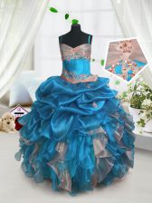  Baby Blue Ball Gowns Beading and Ruffles and Pick Ups Little Girls Pageant Dress Wholesale Lace Up Organza Sleeveless Floor Length