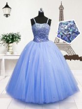  Spaghetti Straps Sleeveless Little Girls Pageant Dress Floor Length Beading and Sequins Light Blue Tulle