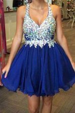 Glorious V-neck Sleeveless Prom Dresses Knee Length Beading Royal Blue Chiffon