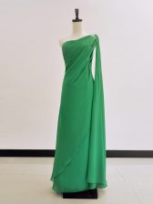 Popular One Shoulder Long Sleeves Floor Length Ruching Zipper Prom Party Dress with Green